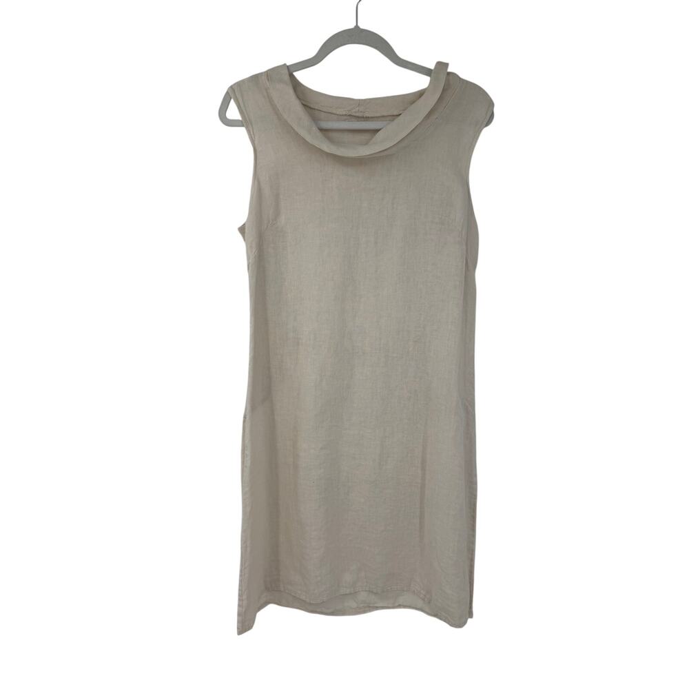 Lina Toméi Womens Italian Linen Mini Dress Size M Cowl Neck Oatmeal Cream Resort